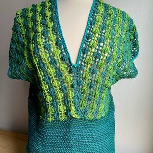 Crochet V-Neck Sweater in Teal and Lime